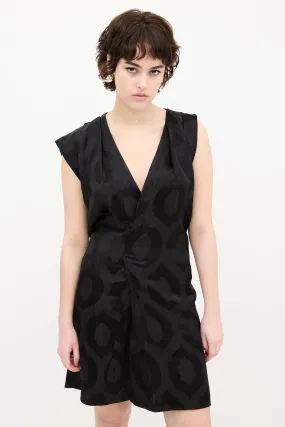 Black Satin Printed V-Neck Dress