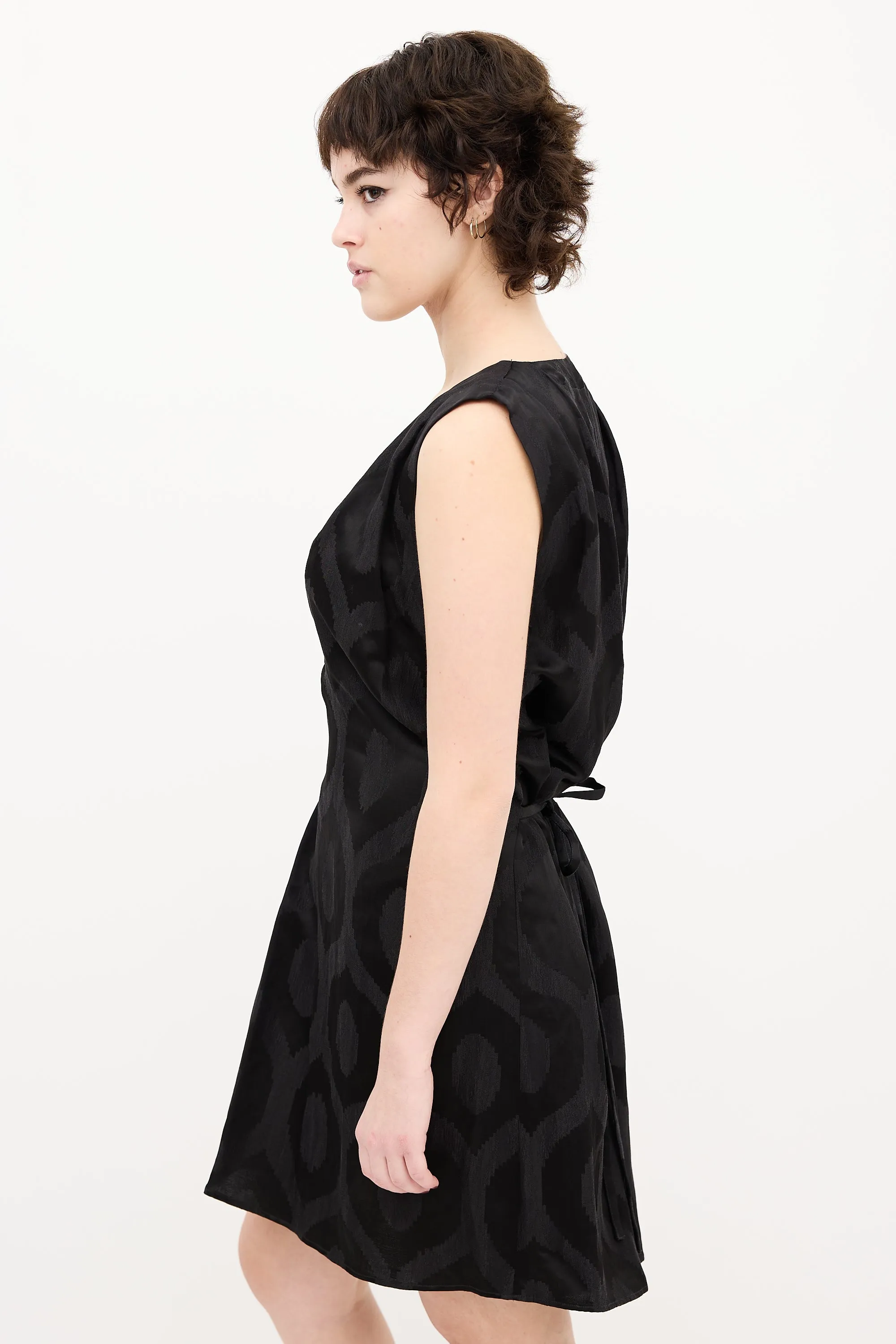 Black Satin Printed V-Neck Dress