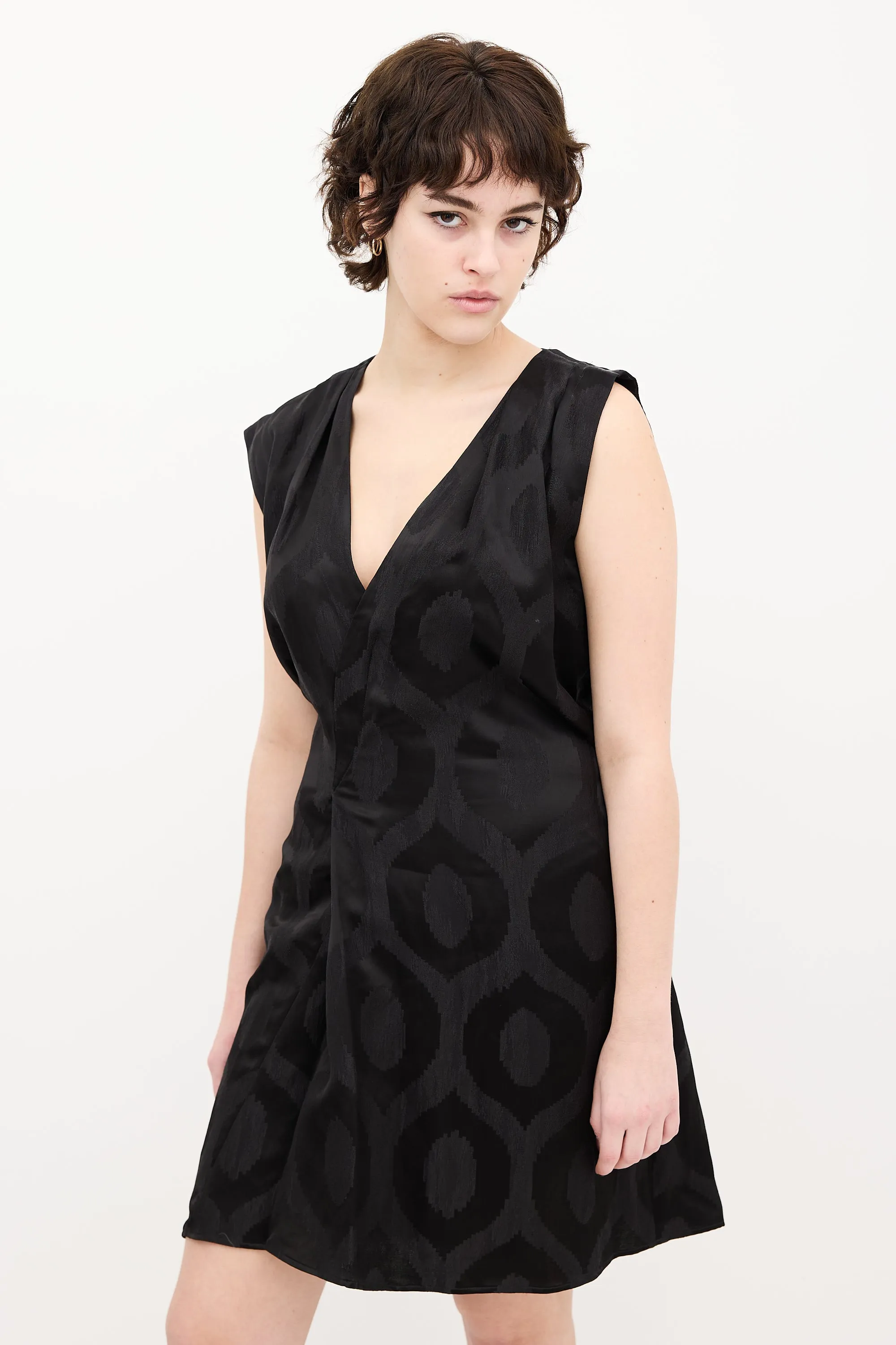 Black Satin Printed V-Neck Dress