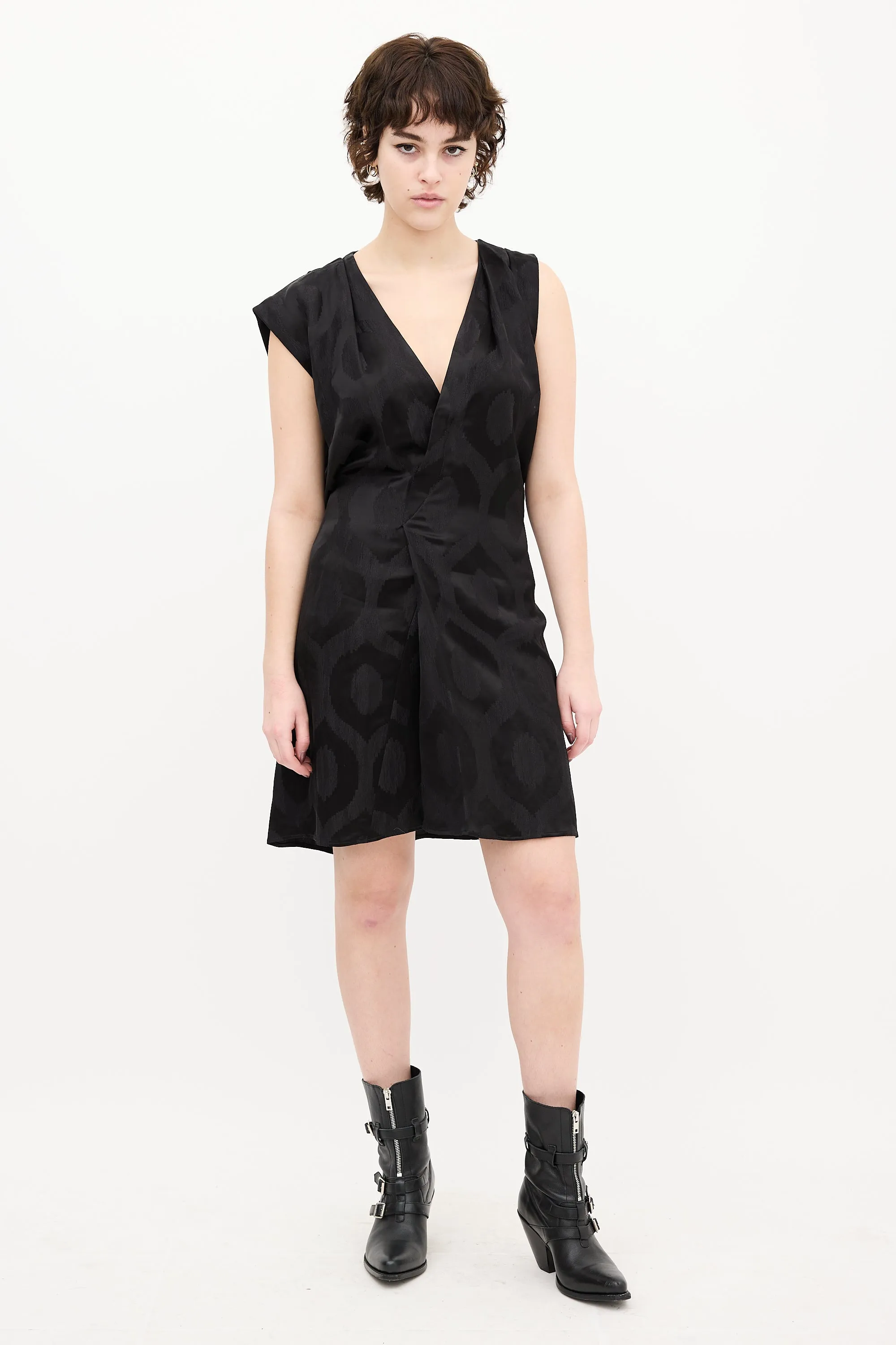 Black Satin Printed V-Neck Dress