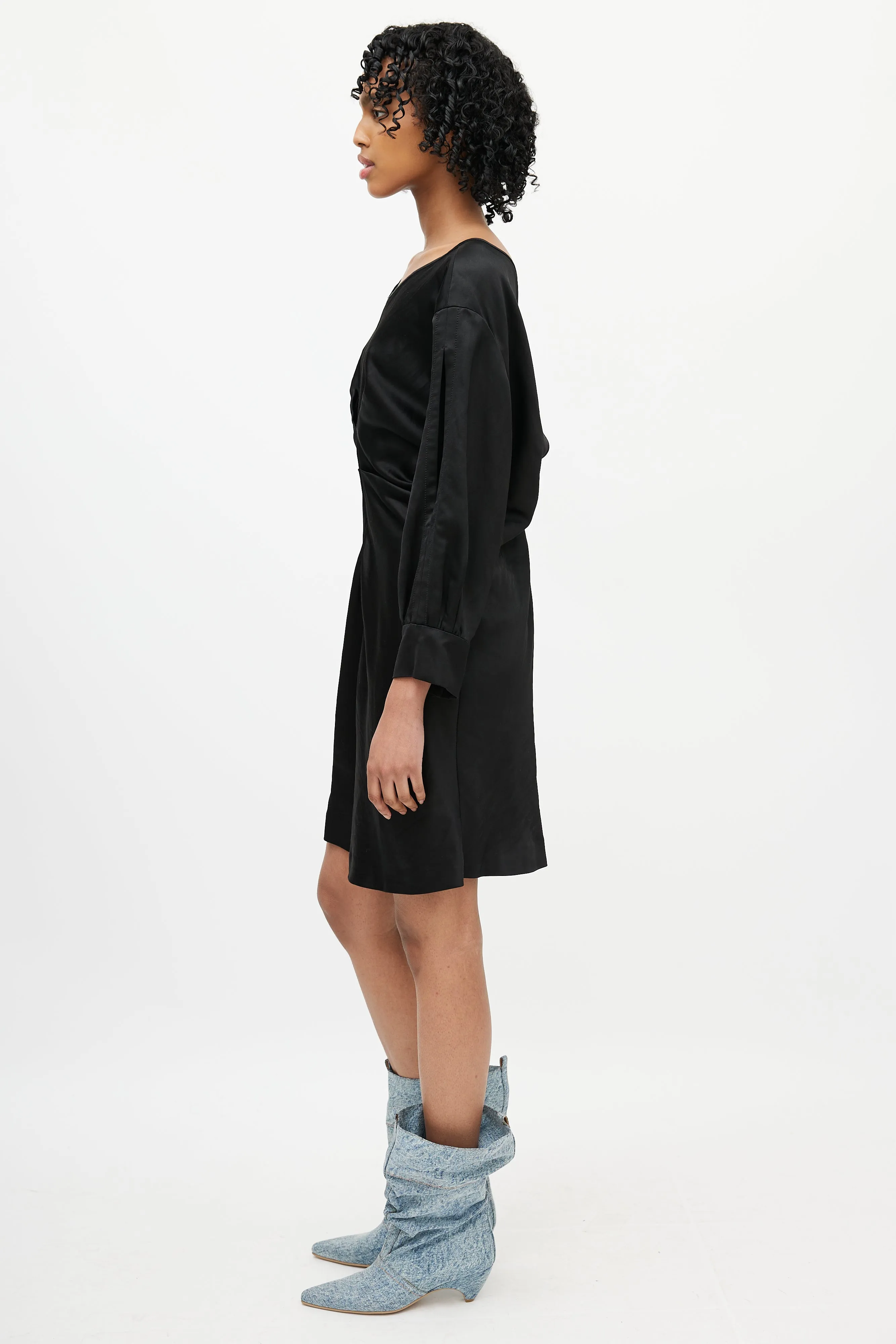 Black Satin Ruched Dress