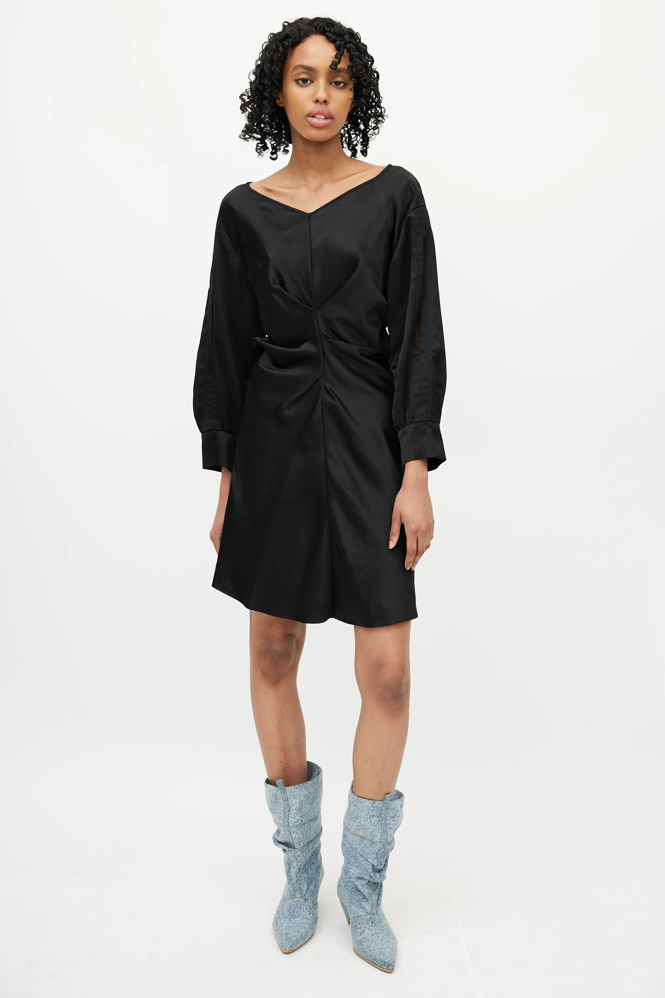 Black Satin Ruched Dress