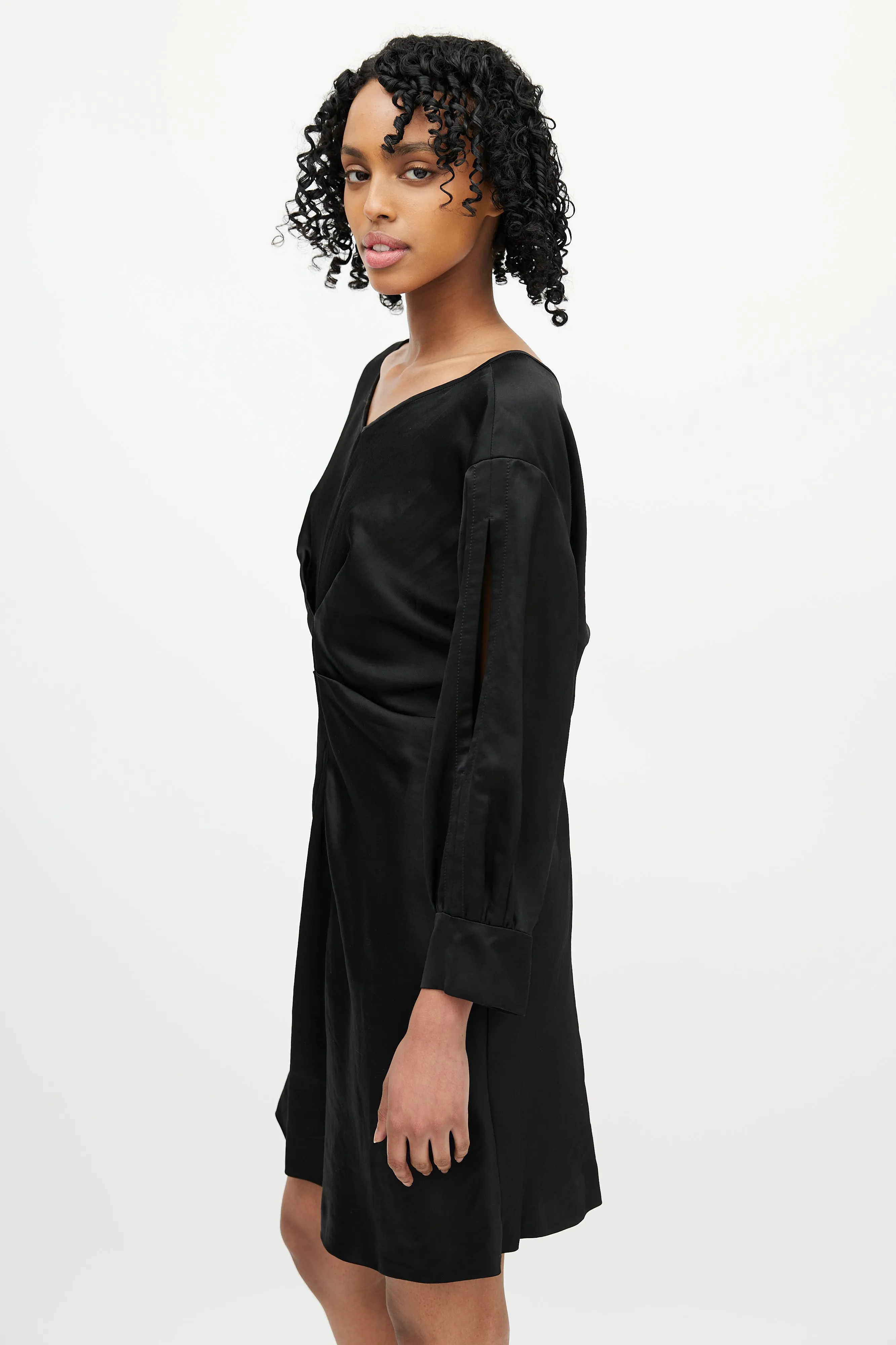 Black Satin Ruched Dress