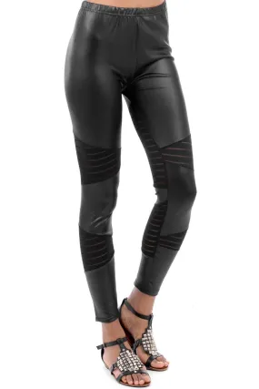 Black Wet Look Leggings With Mesh Detail