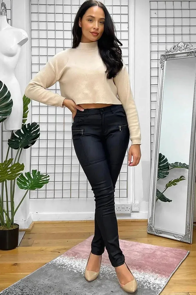 Black Zip Details Leather Coated Trousers