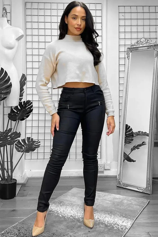 Black Zip Details Leather Coated Trousers