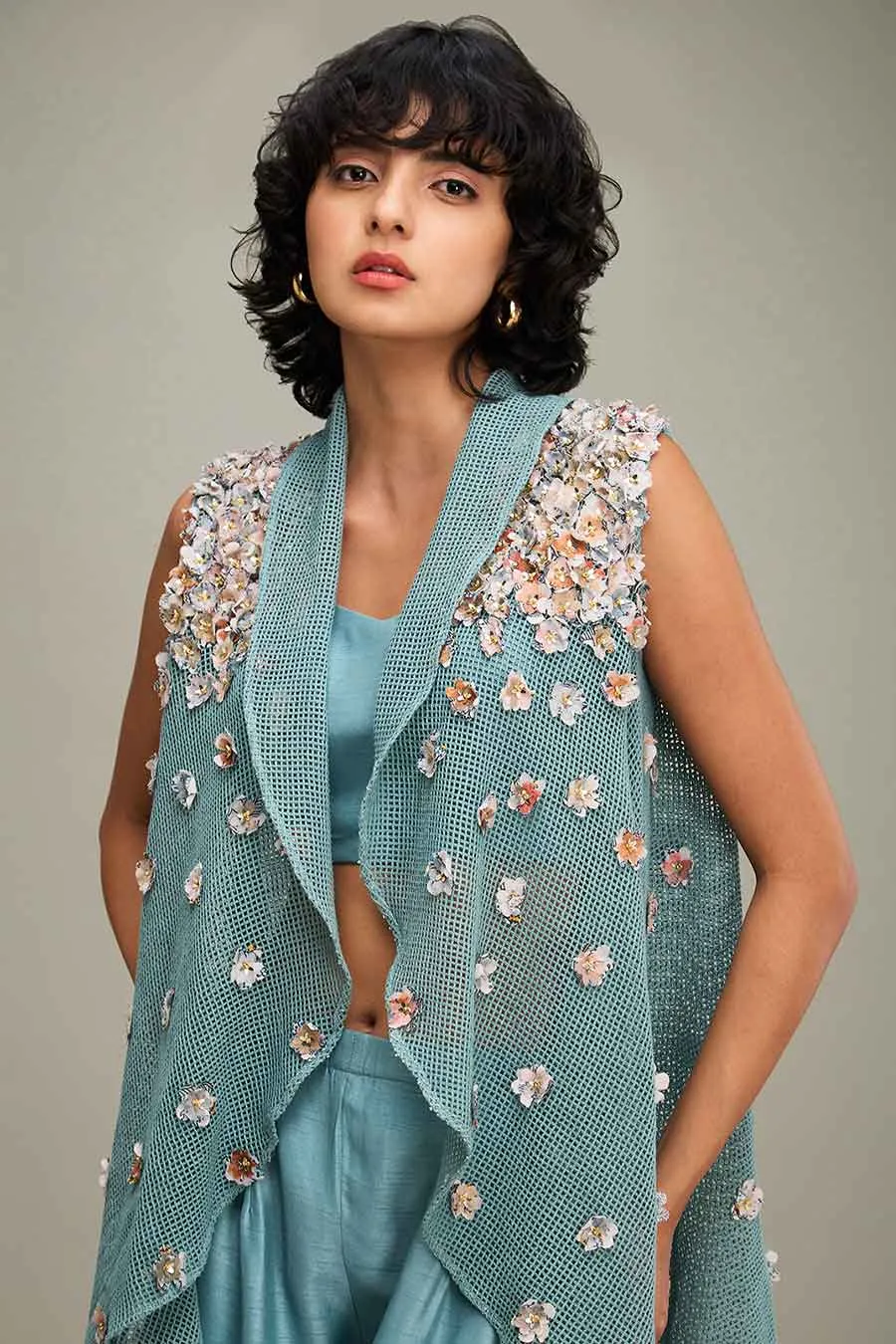 Blue Conversational Embellished Co-Ord Set With Cape
