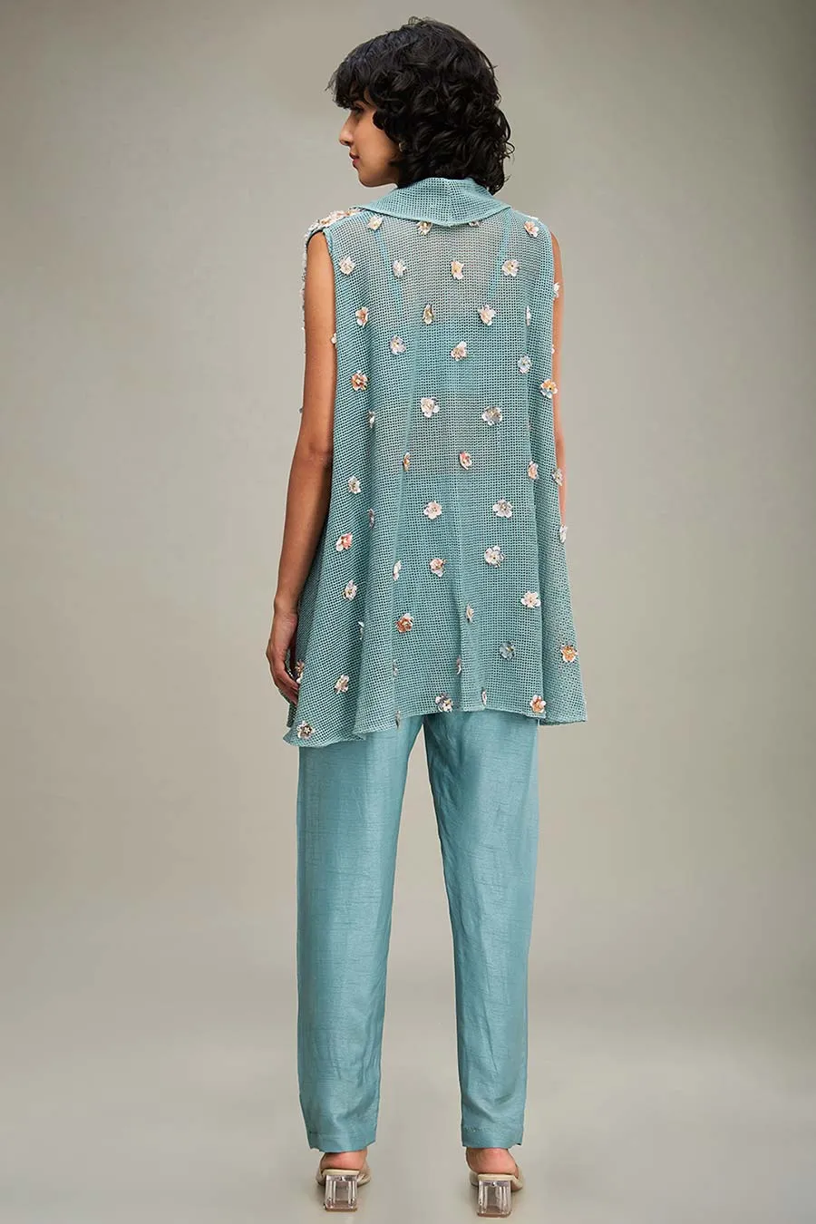 Blue Conversational Embellished Co-Ord Set With Cape