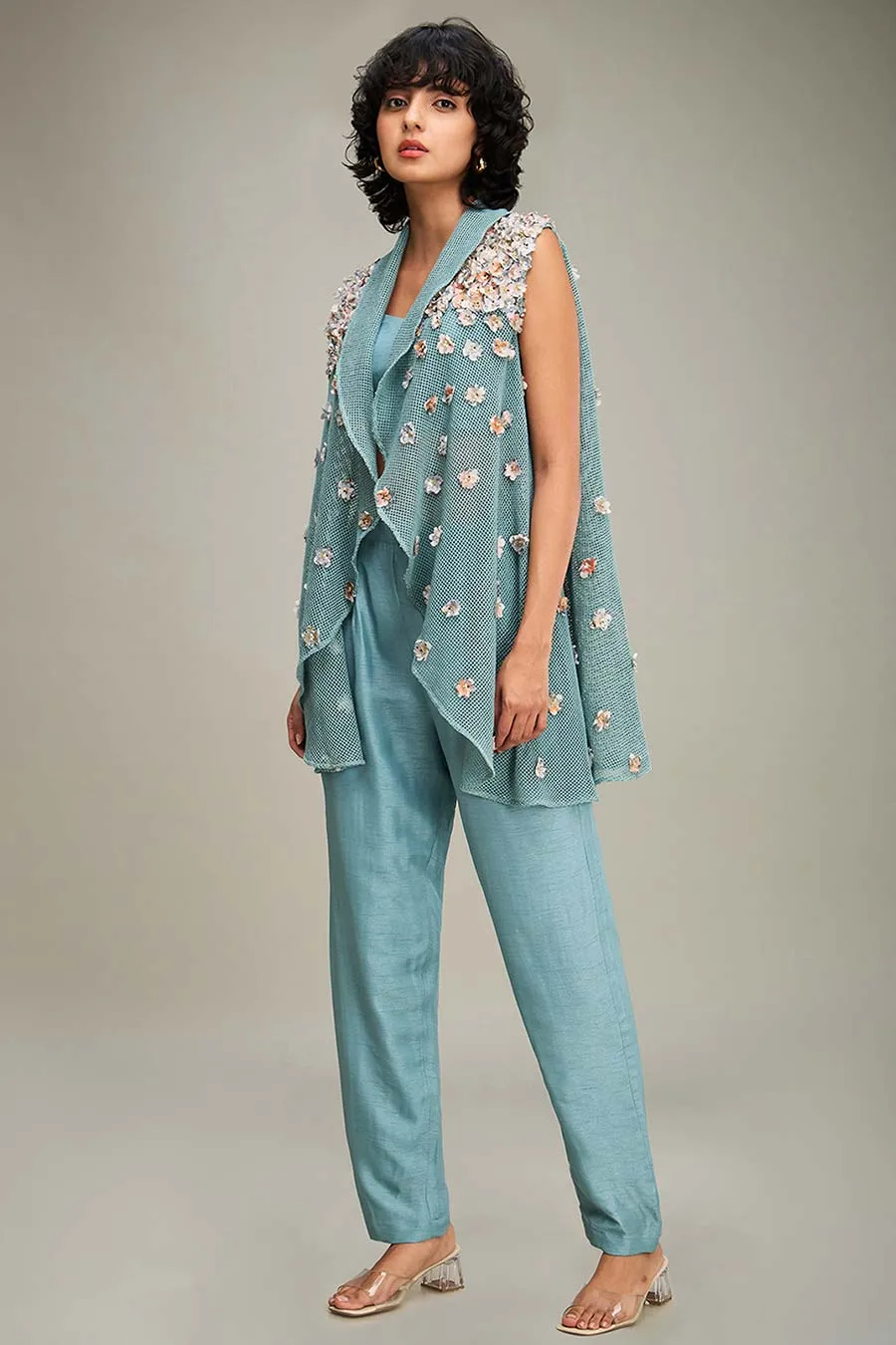 Blue Conversational Embellished Co-Ord Set With Cape