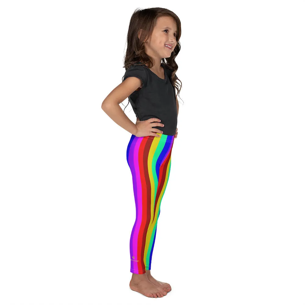 Bright Vertical Rainbow Stripe Print Kid's Leggings Workout Tights- Made in USA/EU