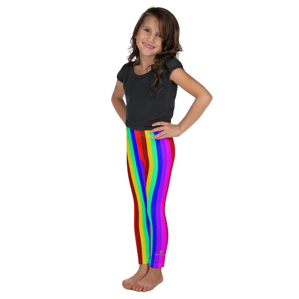 Bright Vertical Rainbow Stripe Print Kid's Leggings Workout Tights- Made in USA/EU