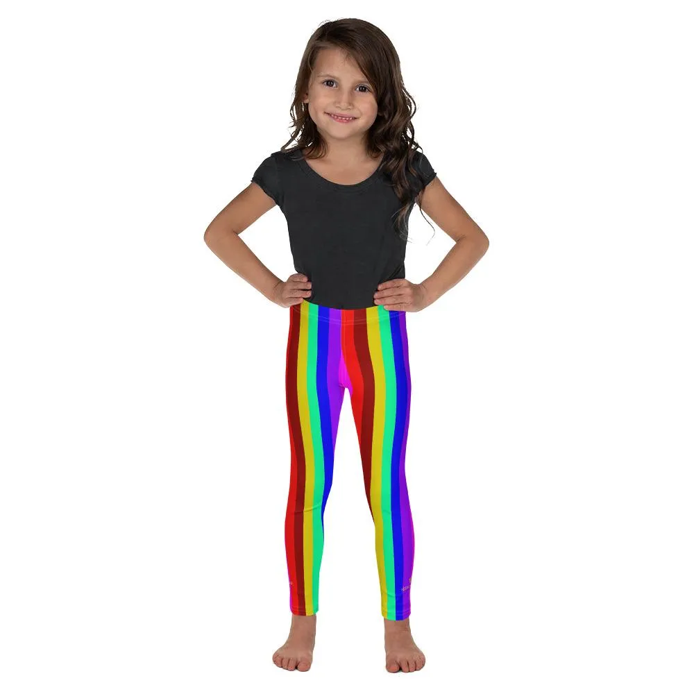 Bright Vertical Rainbow Stripe Print Kid's Leggings Workout Tights- Made in USA/EU
