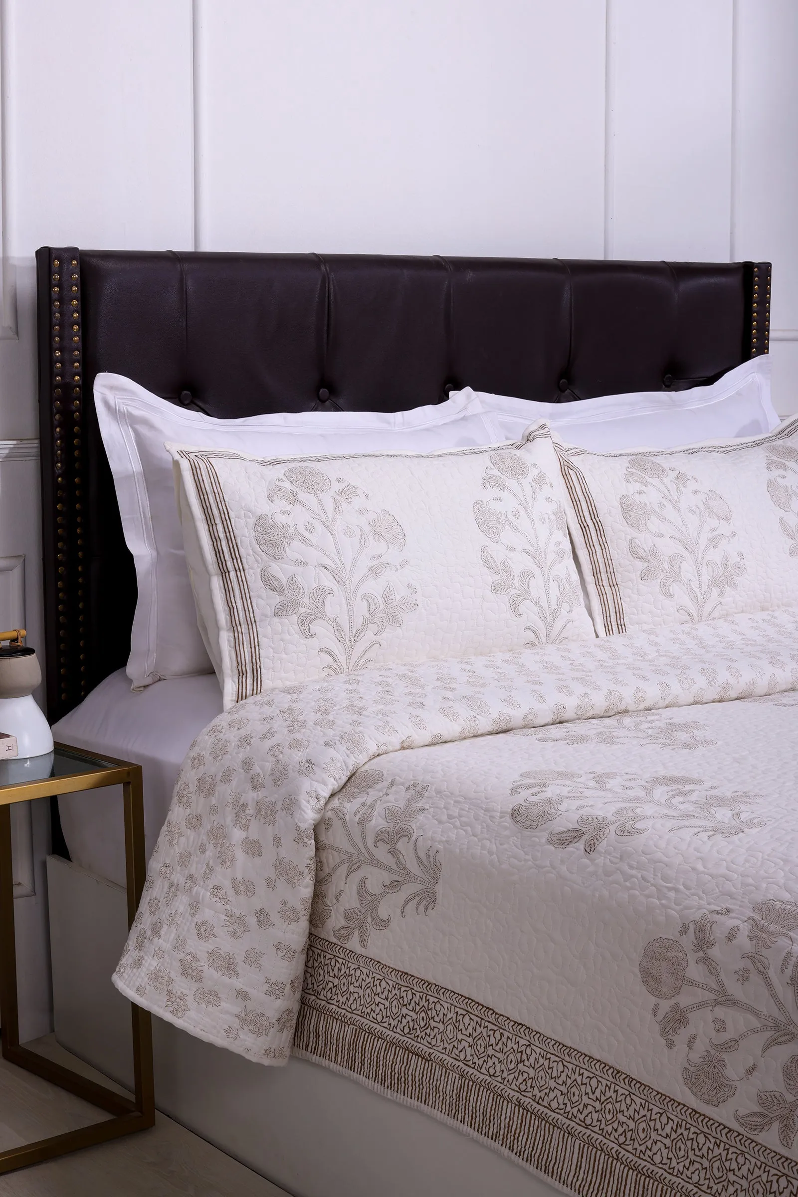 Brinda Hand Block Printed Beige Quilted Bedcover