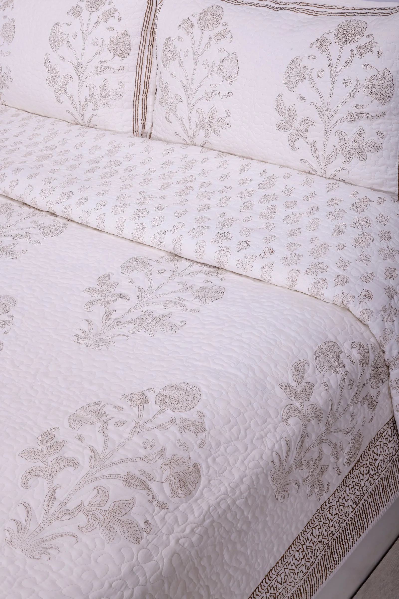 Brinda Hand Block Printed Beige Quilted Bedcover