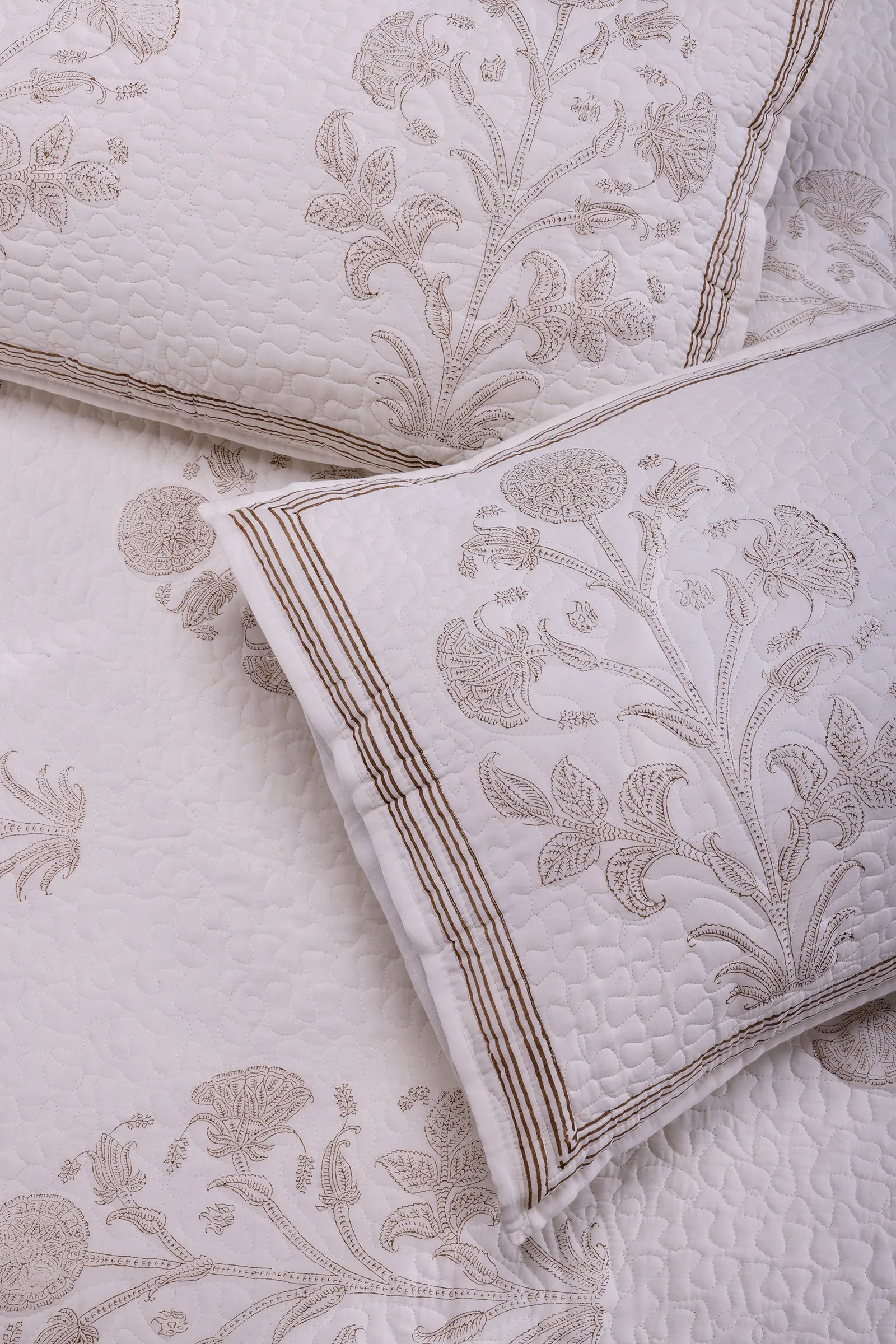 Brinda Hand Block Printed Beige Quilted Bedcover