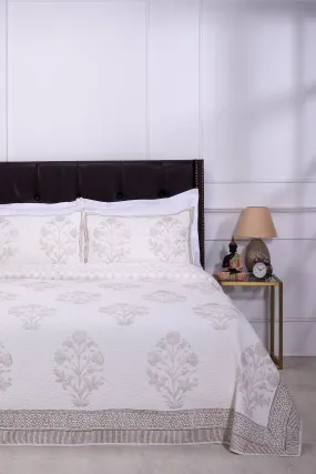 Brinda Hand Block Printed Beige Quilted Bedcover
