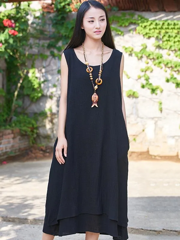 Burgundy&Black Ramie Cotton Sleeveless Long Dress