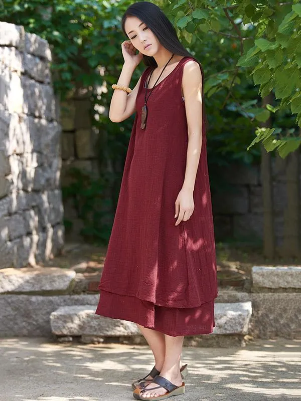 Burgundy&Black Ramie Cotton Sleeveless Long Dress