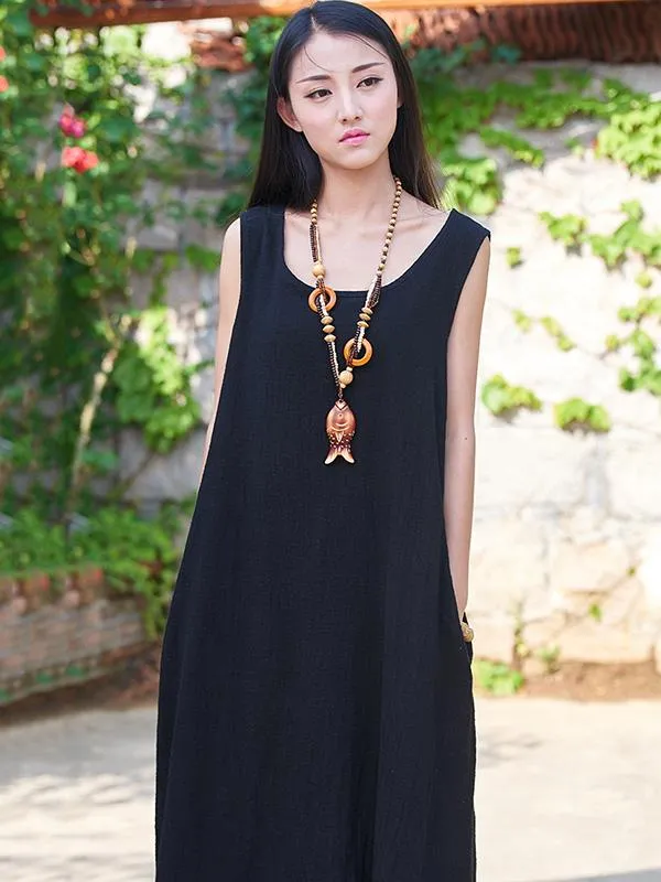 Burgundy&Black Ramie Cotton Sleeveless Long Dress