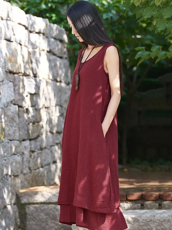 Burgundy&Black Ramie Cotton Sleeveless Long Dress