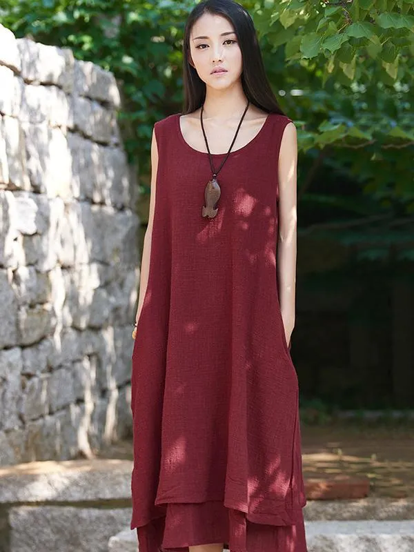 Burgundy&Black Ramie Cotton Sleeveless Long Dress