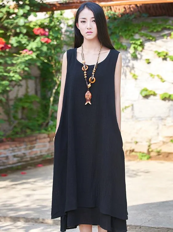 Burgundy&Black Ramie Cotton Sleeveless Long Dress