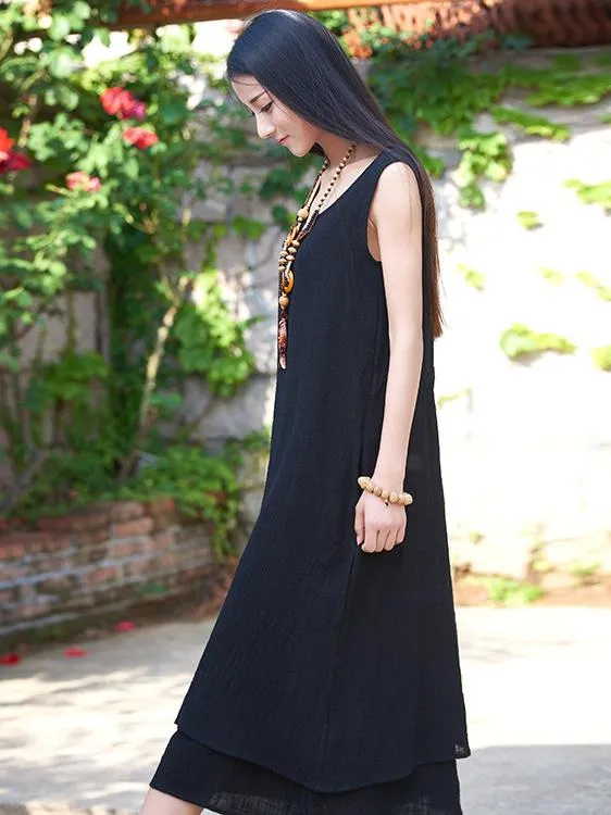 Burgundy&Black Ramie Cotton Sleeveless Long Dress