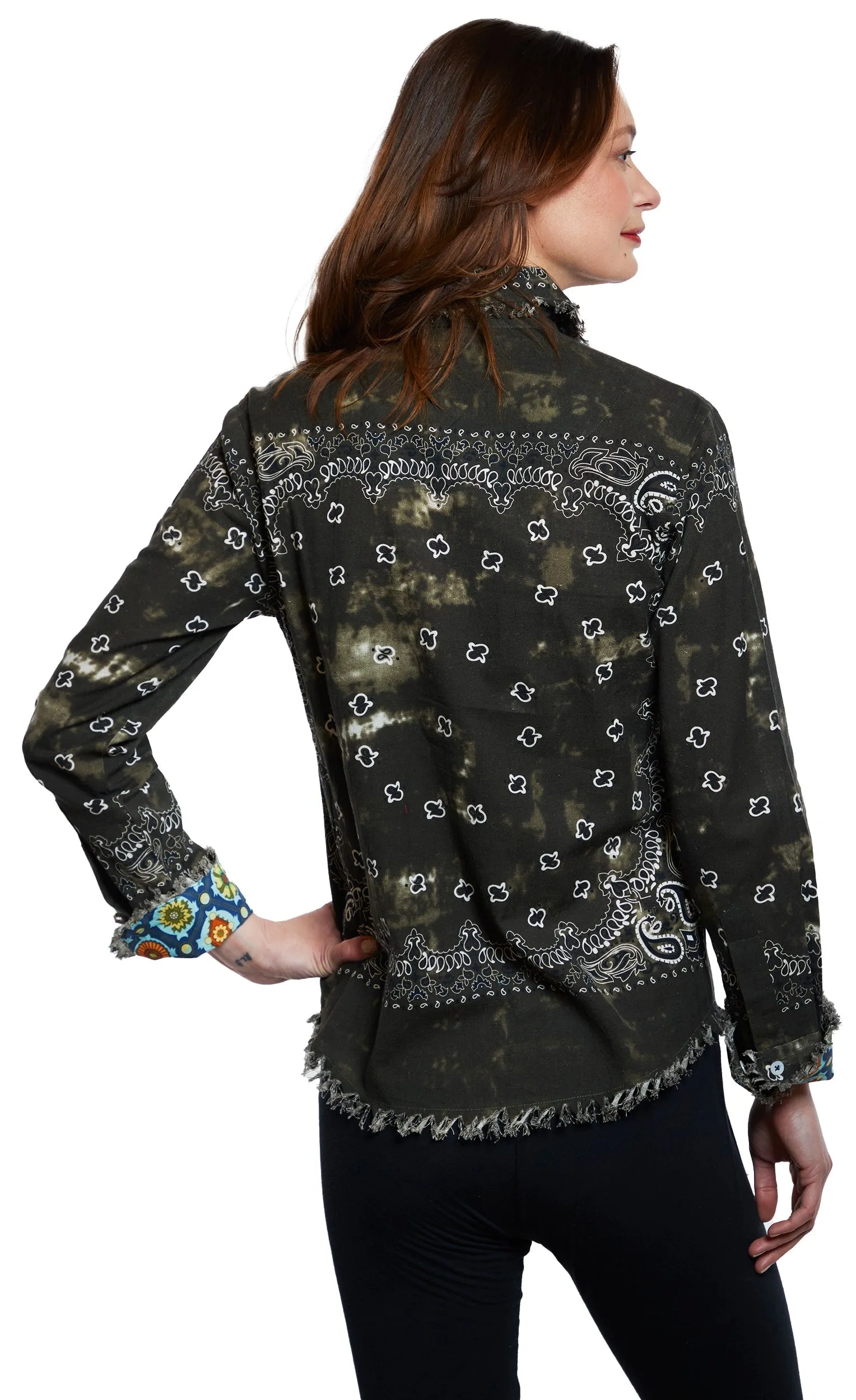 Cape Cod Frayed Shirt - Olive Green Bandana Print