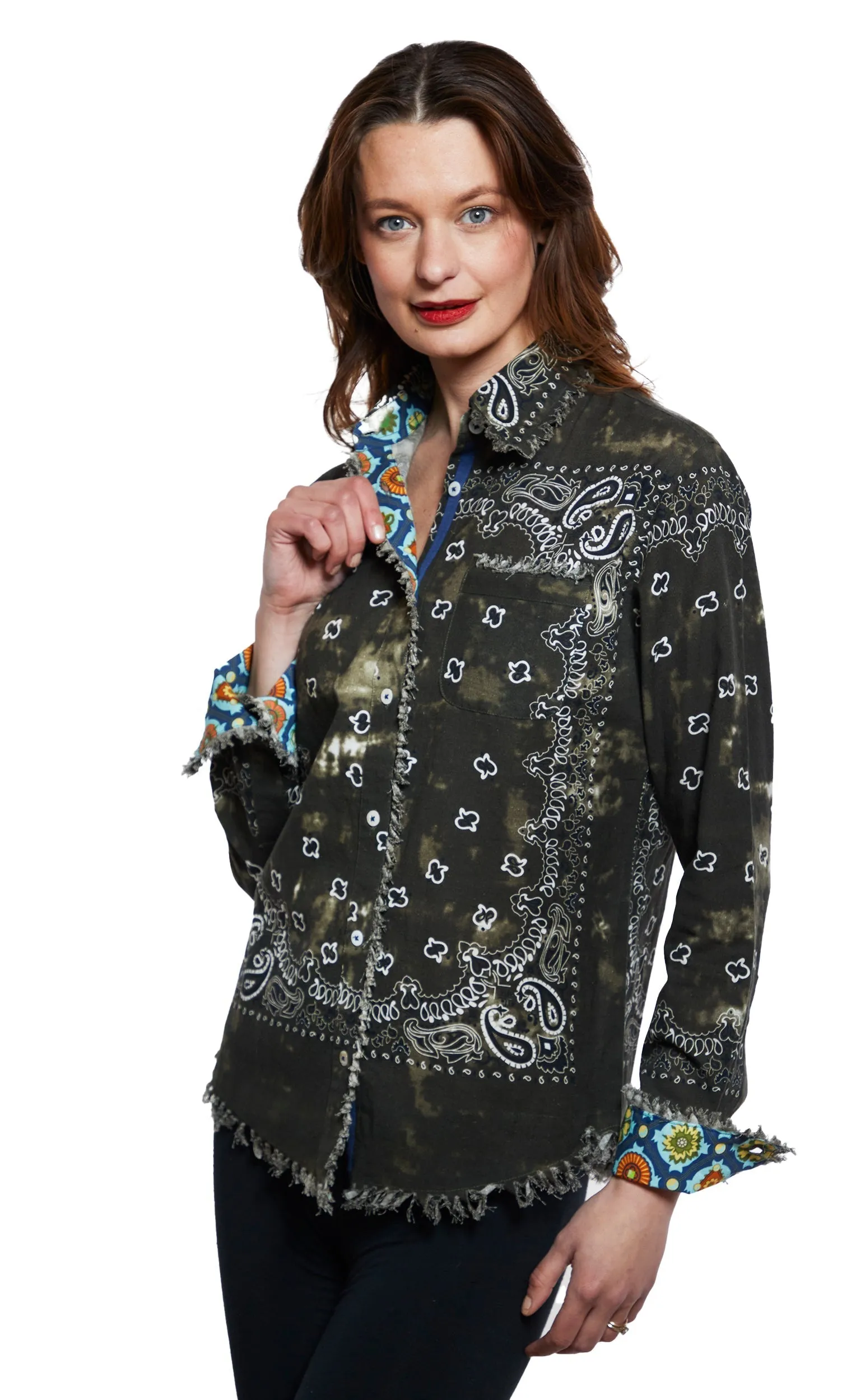 Cape Cod Frayed Shirt - Olive Green Bandana Print