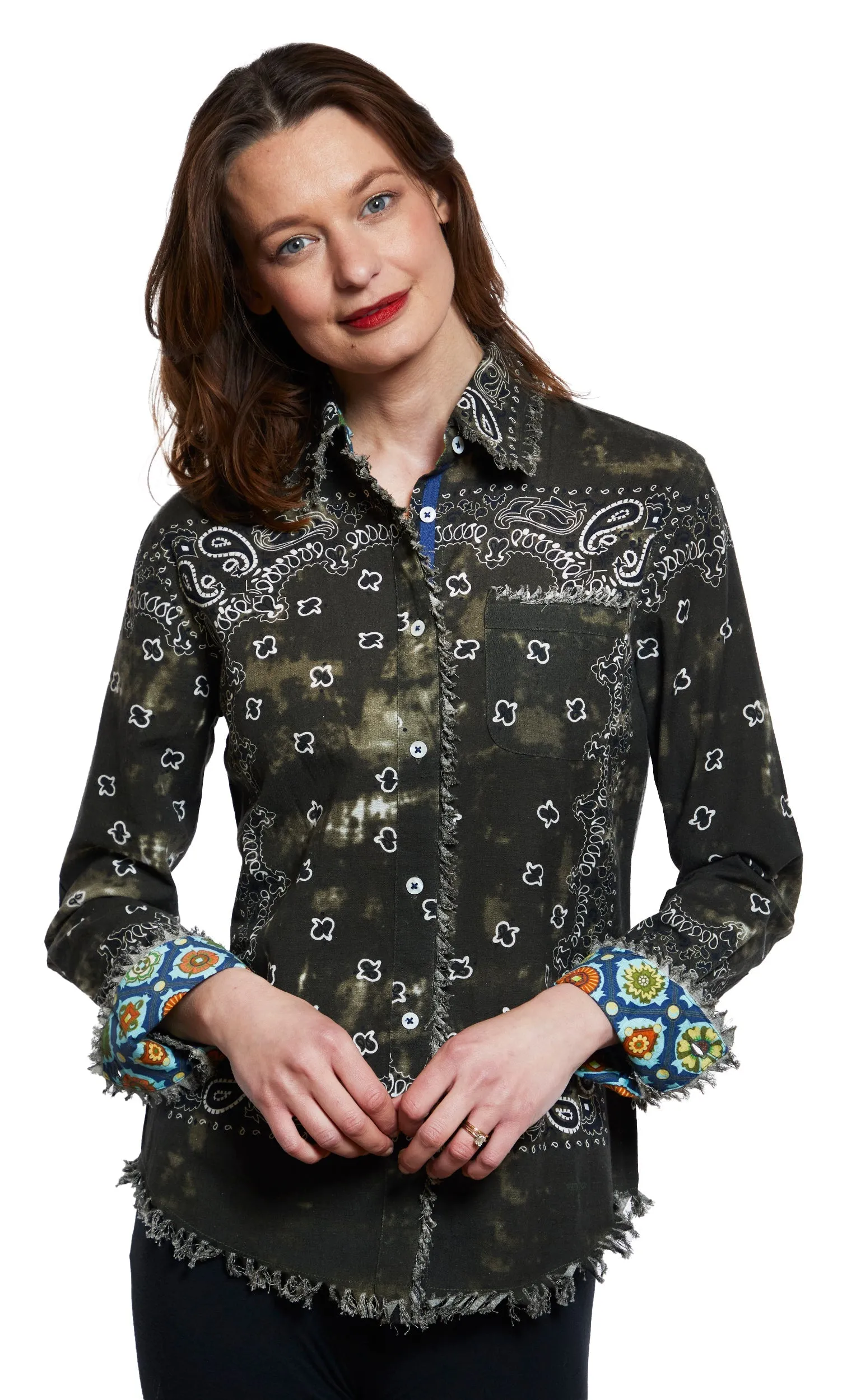 Cape Cod Frayed Shirt - Olive Green Bandana Print