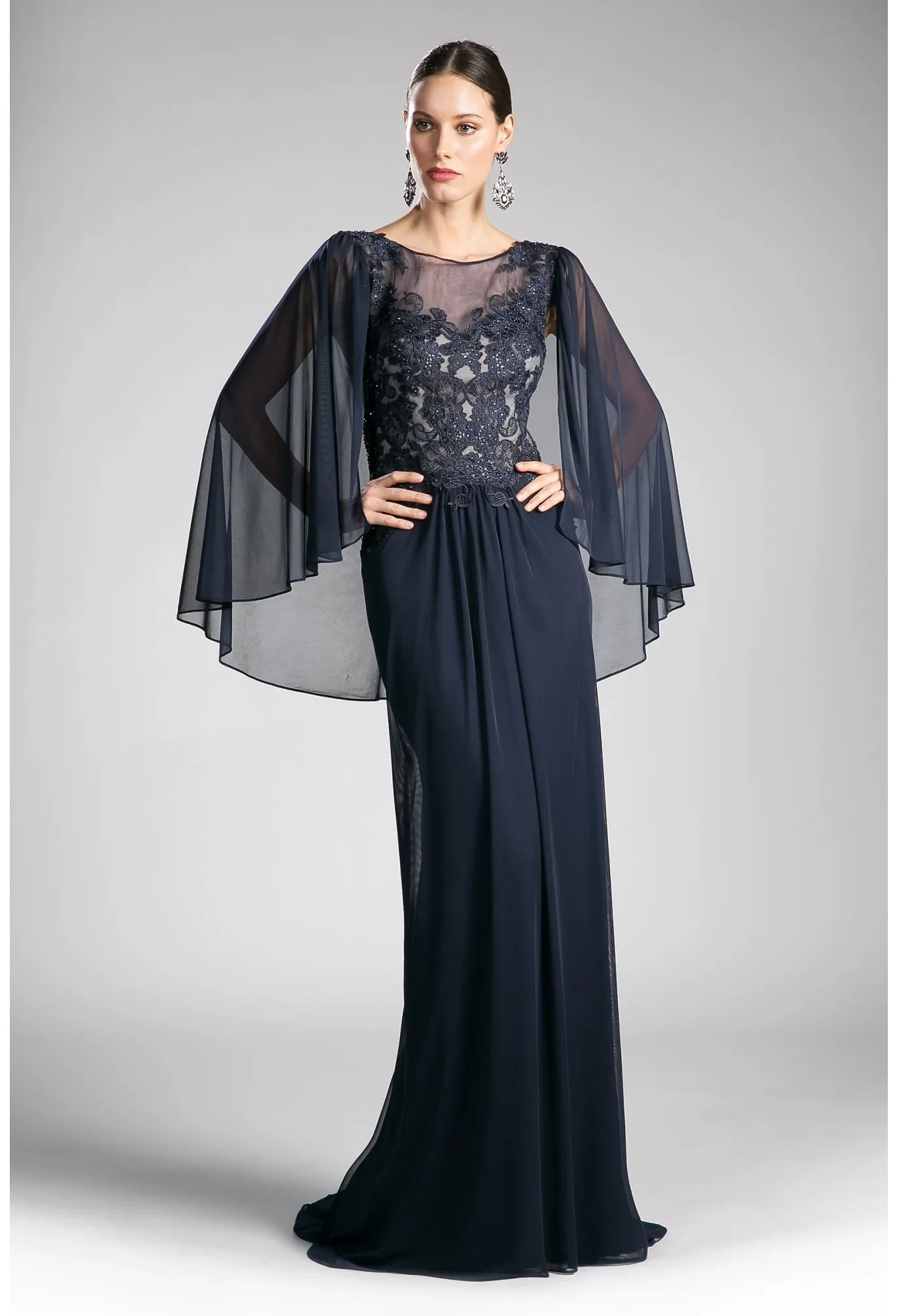 CD 0001 Size 10 Burgundy Long Mother Of Chiffon Formal Dress Draped Cape Sleeve Lace
