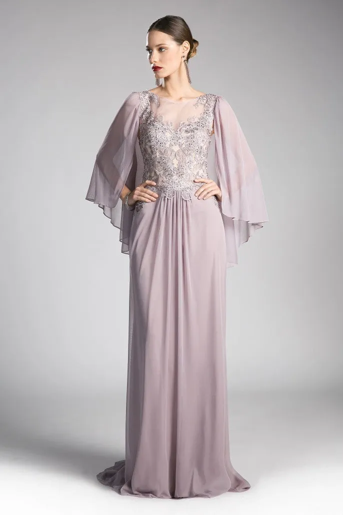 CD 0001 Size 10 Burgundy Long Mother Of Chiffon Formal Dress Draped Cape Sleeve Lace