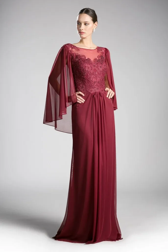CD 0001 Size 10 Burgundy Long Mother Of Chiffon Formal Dress Draped Cape Sleeve Lace