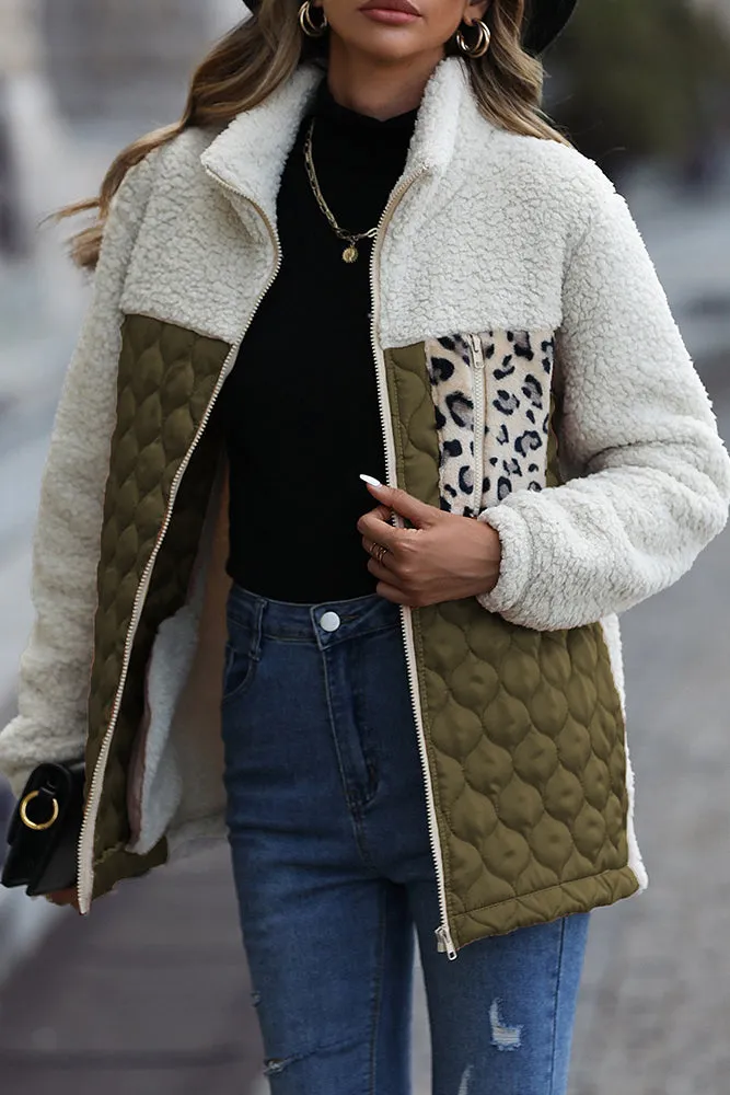 Color Block Leopard Patchwork Zipper Fleece Coat