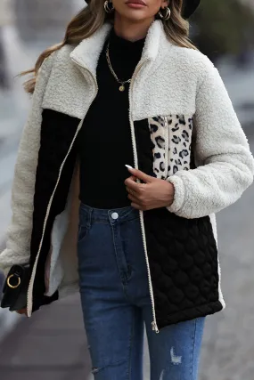 Color Block Leopard Patchwork Zipper Fleece Coat
