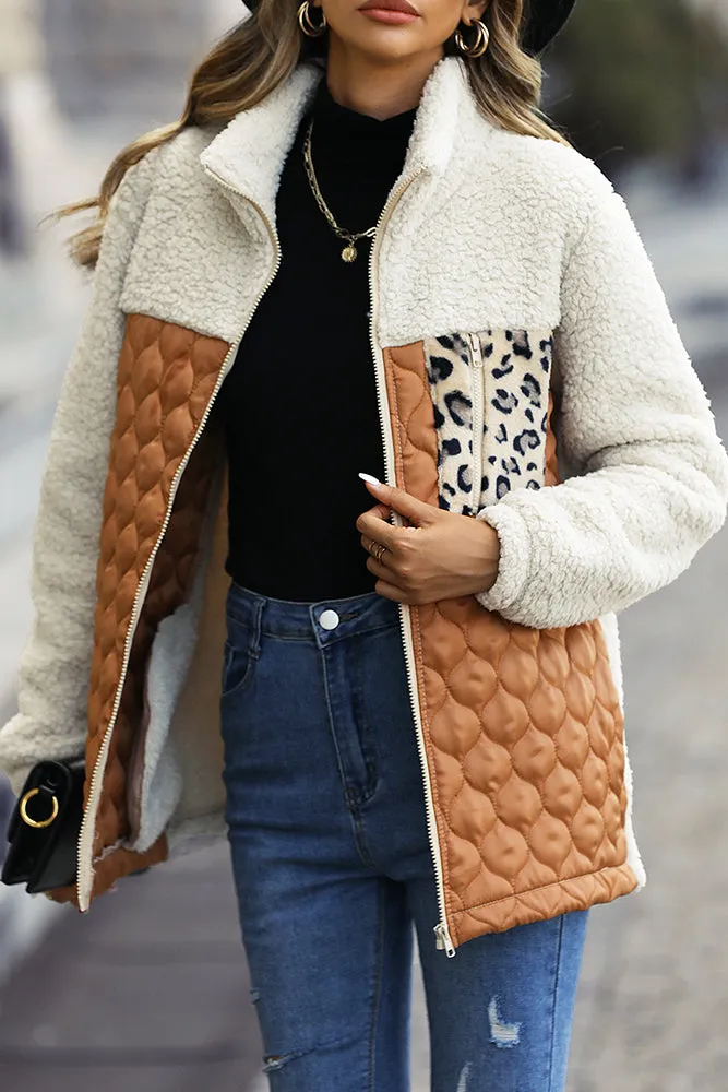 Color Block Leopard Patchwork Zipper Fleece Coat