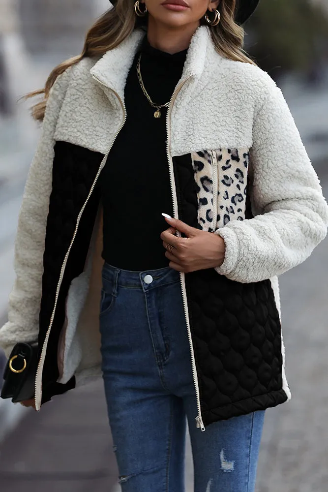 Color Block Leopard Patchwork Zipper Fleece Coat