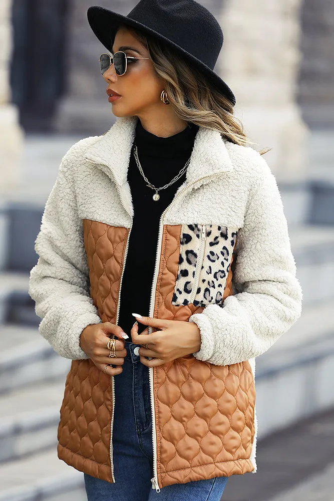 Color Block Leopard Patchwork Zipper Fleece Coat