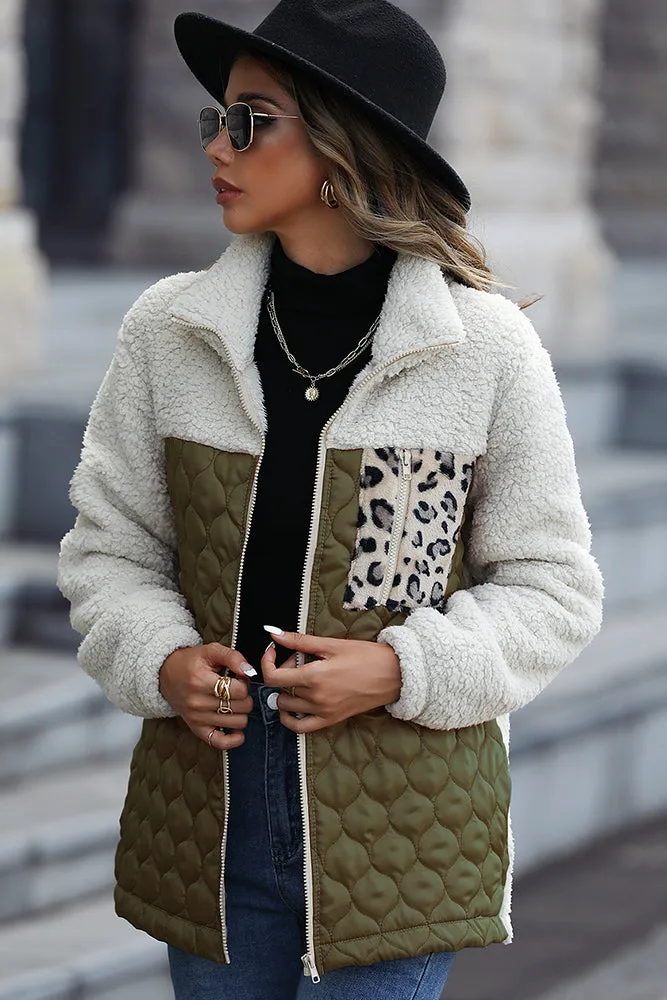 Color Block Leopard Patchwork Zipper Fleece Coat