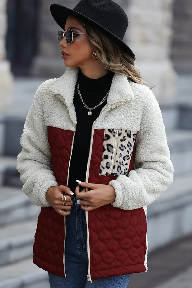 Color Block Leopard Patchwork Zipper Fleece Coat