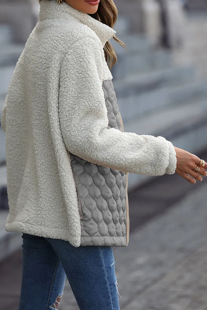 Color Block Leopard Patchwork Zipper Fleece Coat