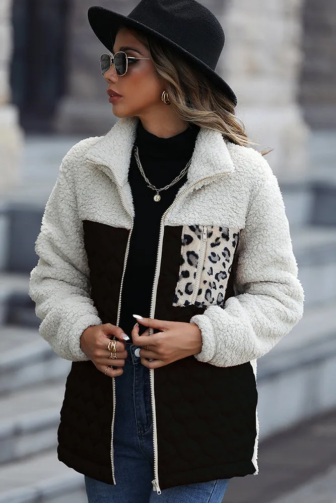 Color Block Leopard Patchwork Zipper Fleece Coat