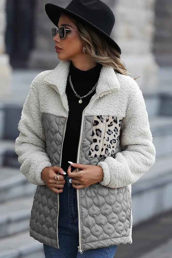 Color Block Leopard Patchwork Zipper Fleece Coat