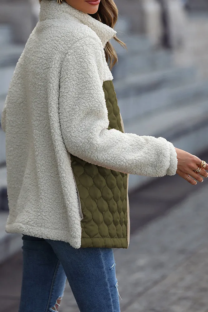Color Block Leopard Patchwork Zipper Fleece Coat