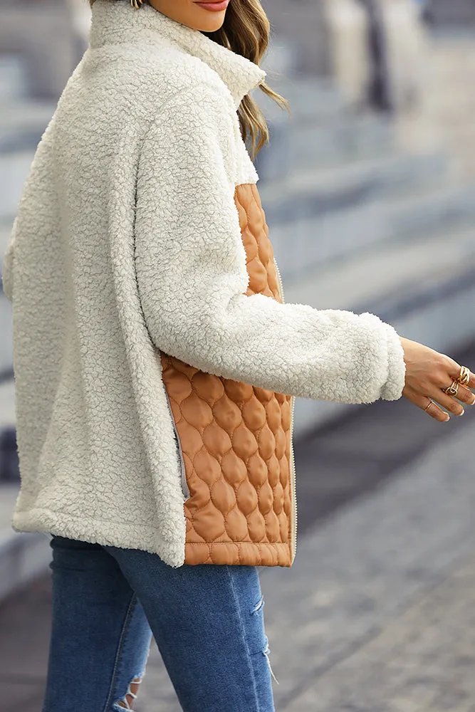 Color Block Leopard Patchwork Zipper Fleece Coat