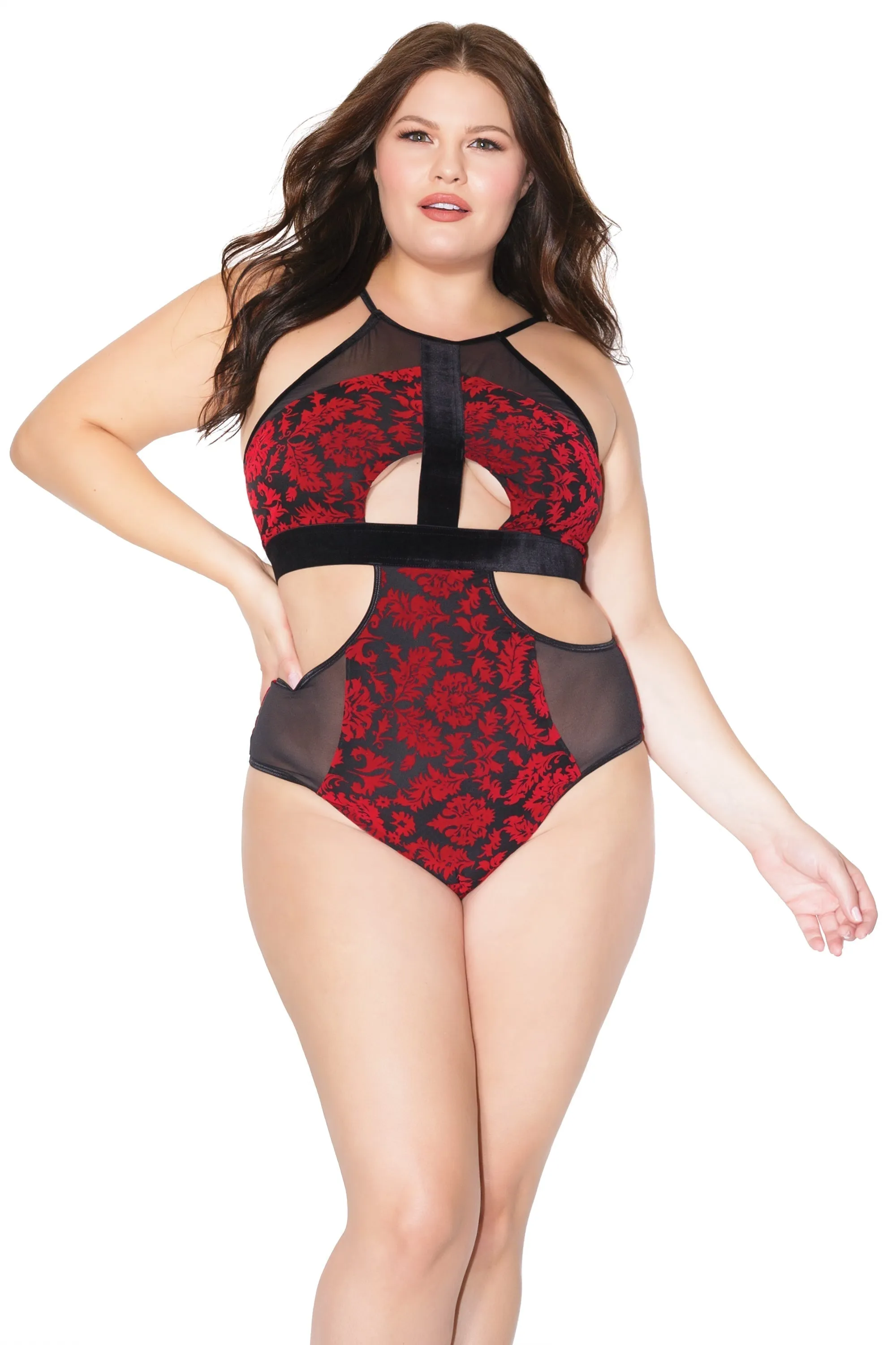 Coquette 20306  Velvet Halter Teddy With Cut-Outs