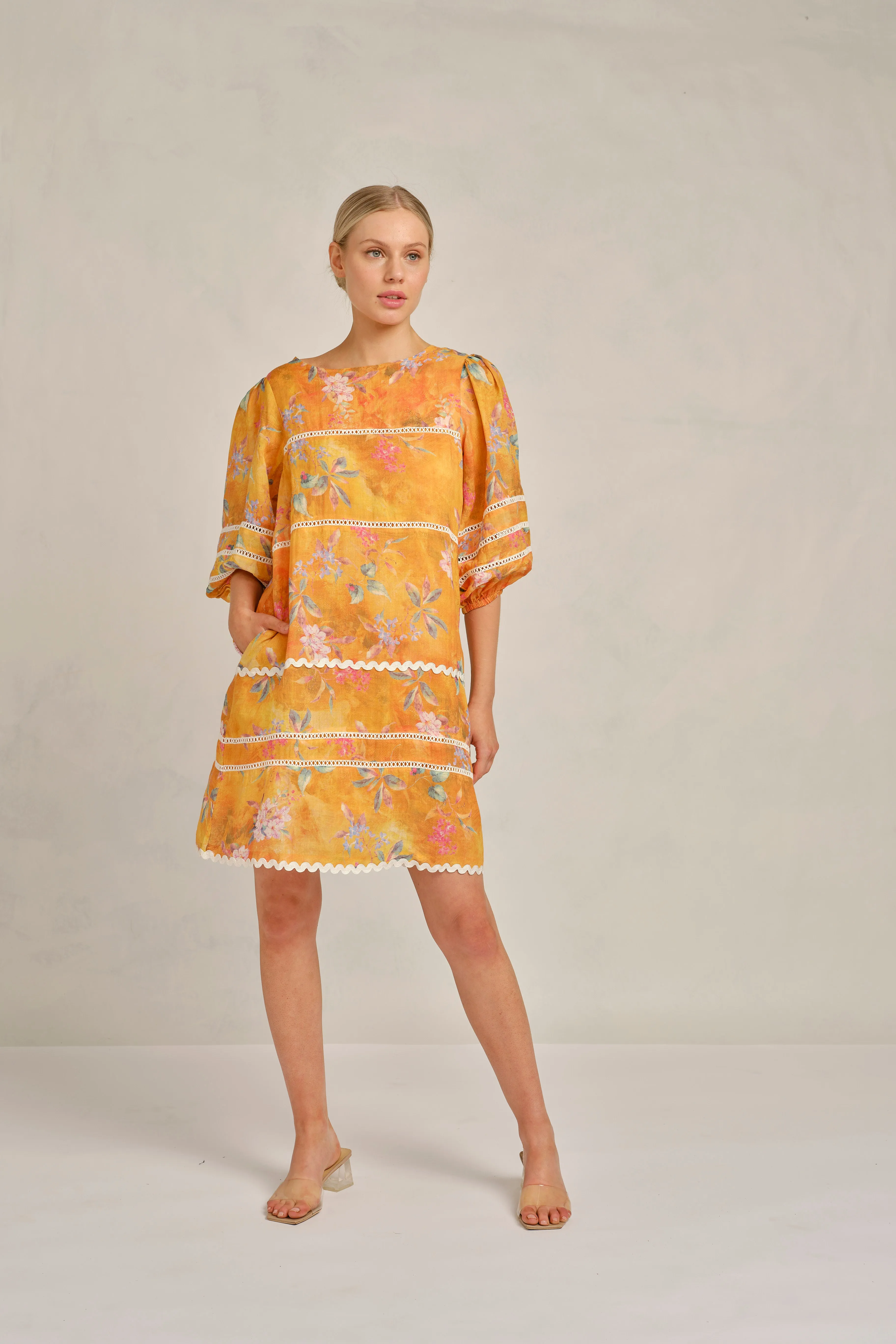 Coral Ramie dress in Sunset Delilah Print