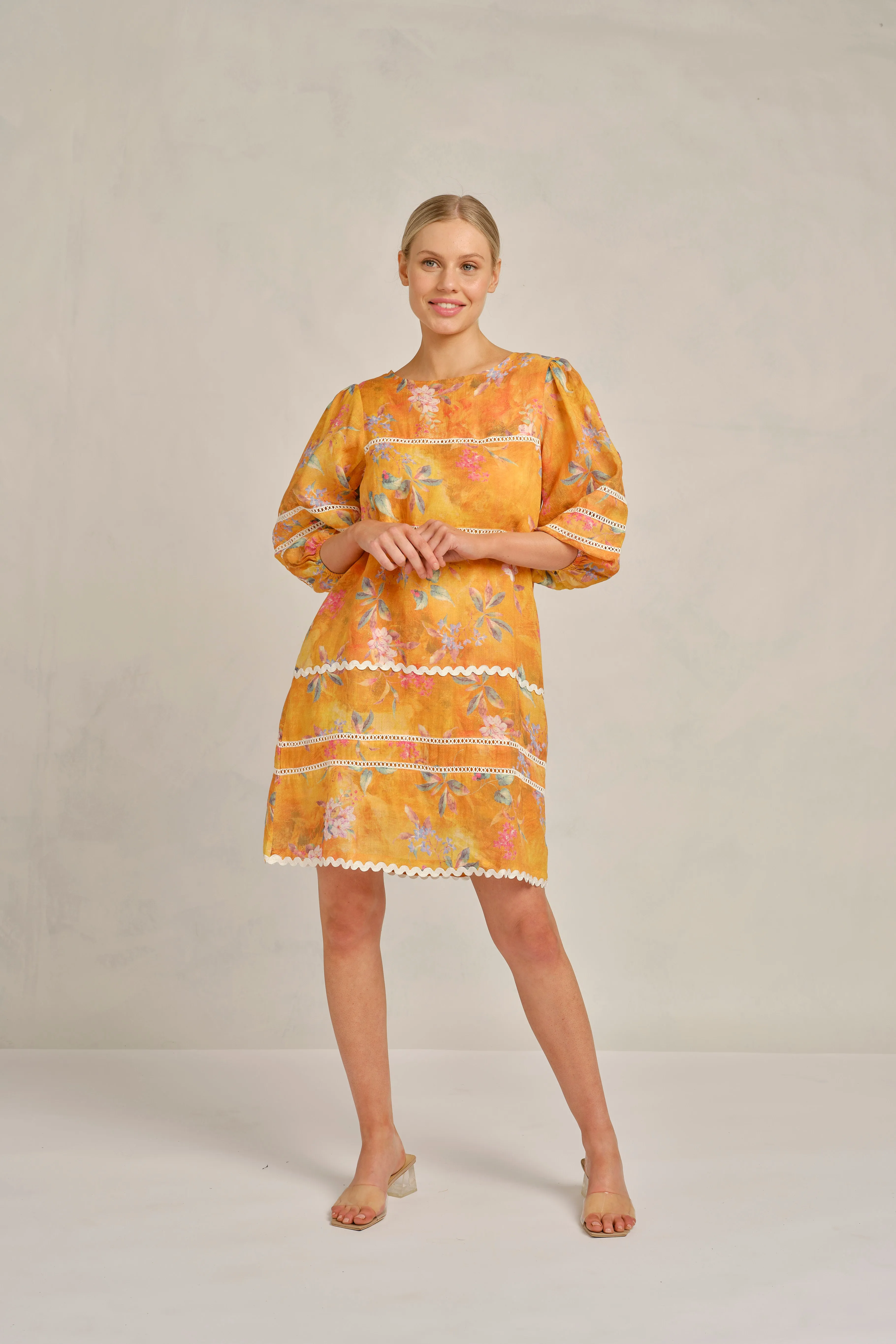 Coral Ramie dress in Sunset Delilah Print
