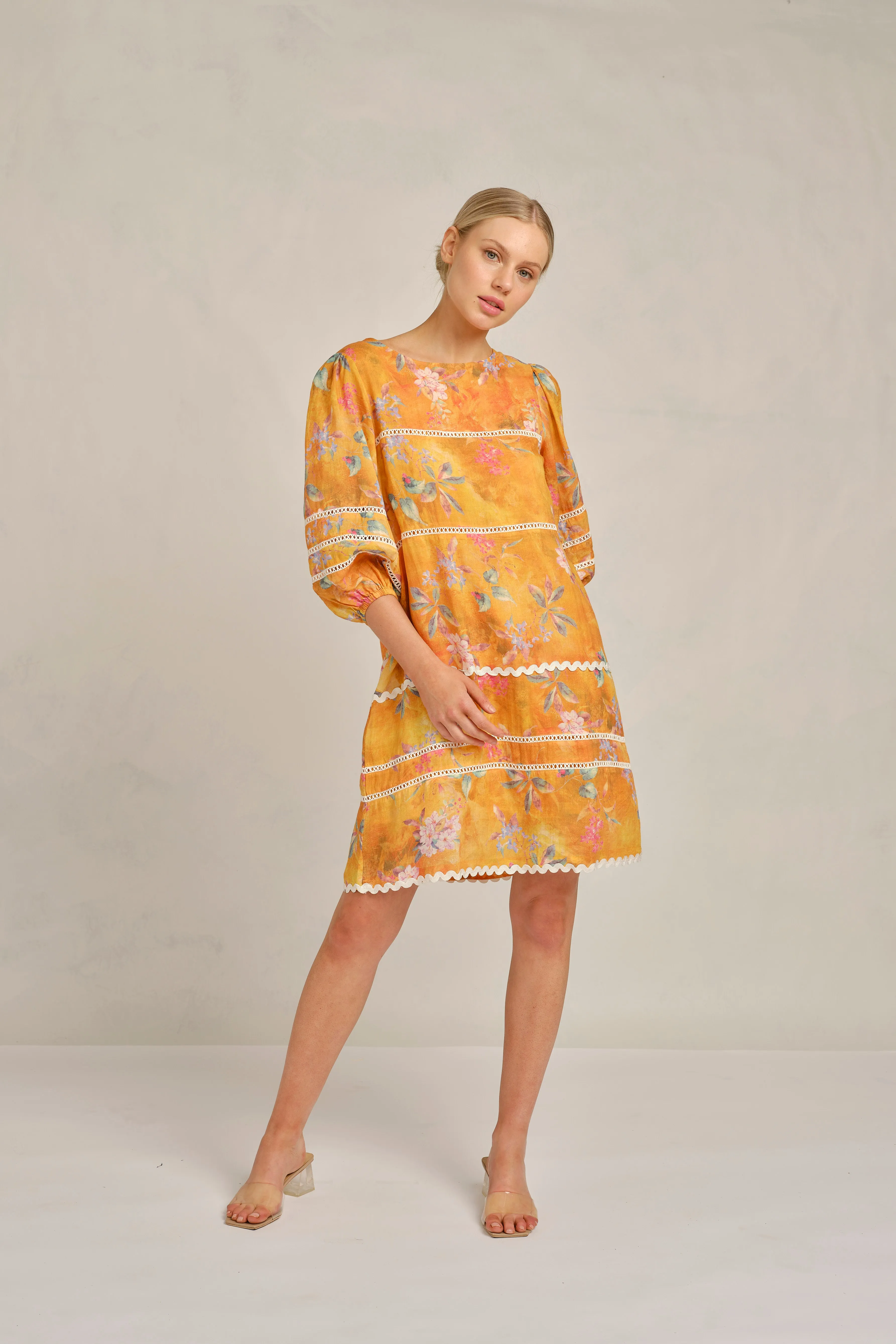 Coral Ramie dress in Sunset Delilah Print