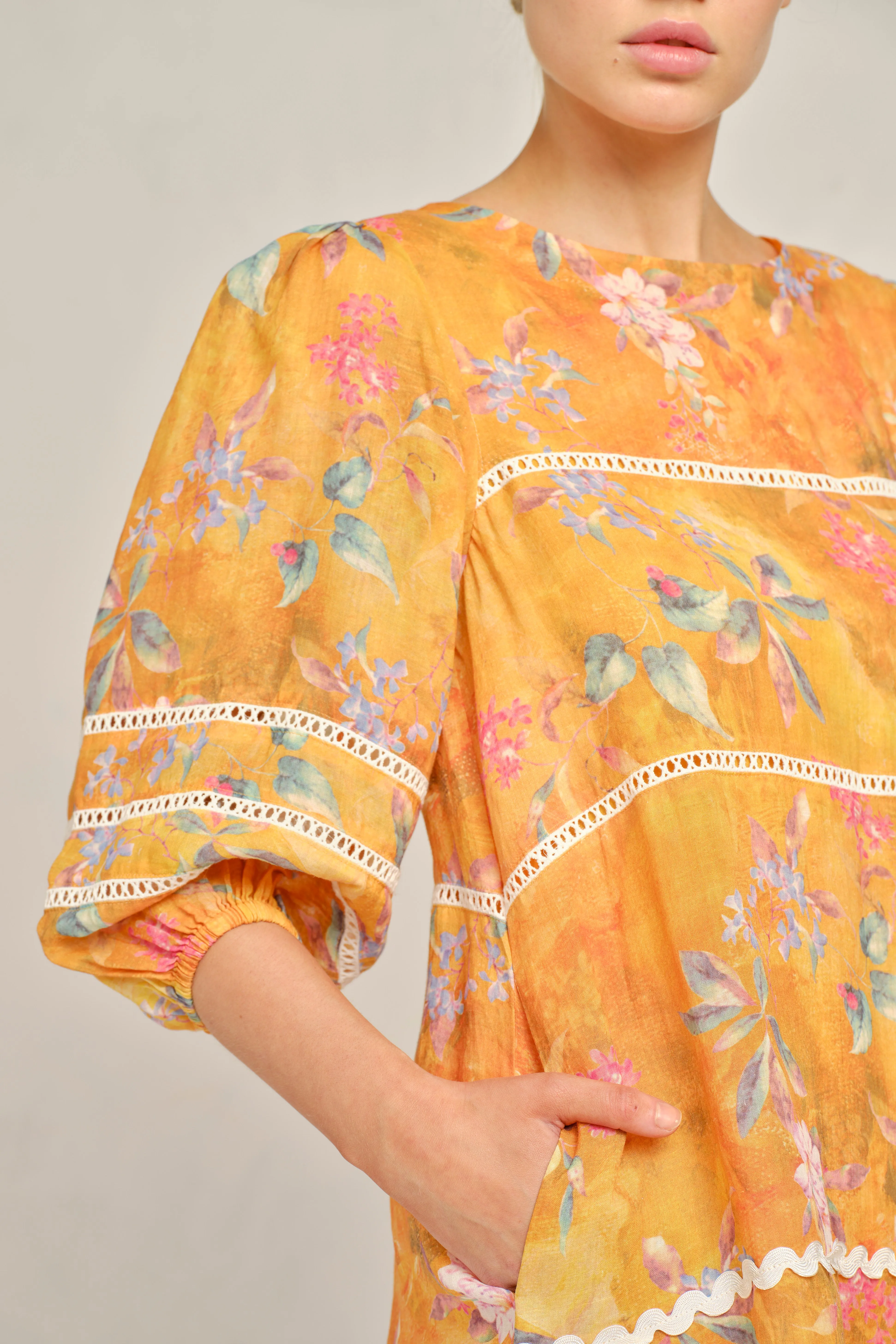 Coral Ramie dress in Sunset Delilah Print